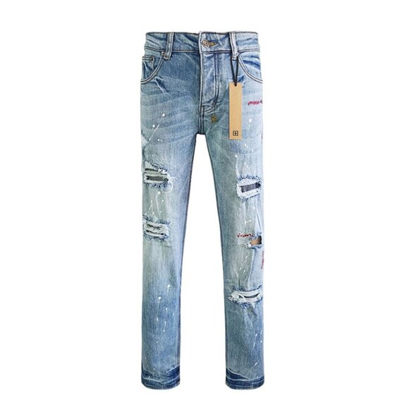Ksubi Multiple Holes White Inkjet Light Blue Jeans